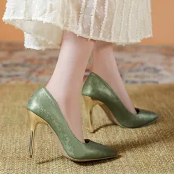 Green Print Fashion Banquet Luxury Senior Women's Shoes Pointed Toe Fine Heel Large Size 43 Heel High 10cm White Heels