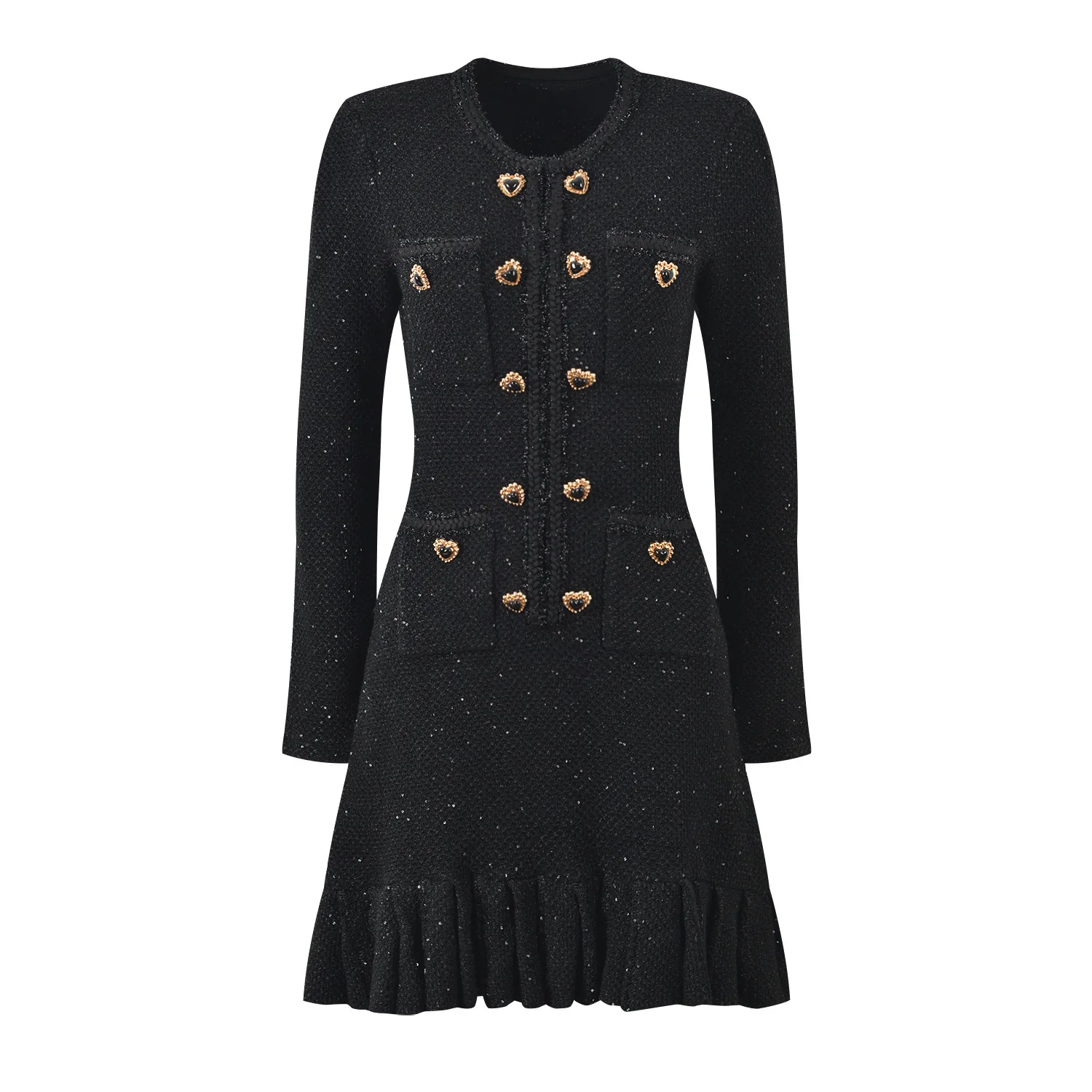 Quality Autumn Winter Heart Shape Button Knitted Short Dress Women Long Sleeve Mini Prom Evening Dresses Sweater Knitwear