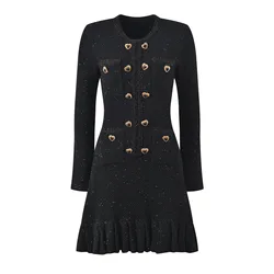 Quality Autumn Winter Heart Shape Button Knitted Short Dress Women Long Sleeve Mini Prom Evening Dresses Sweater Knitwear