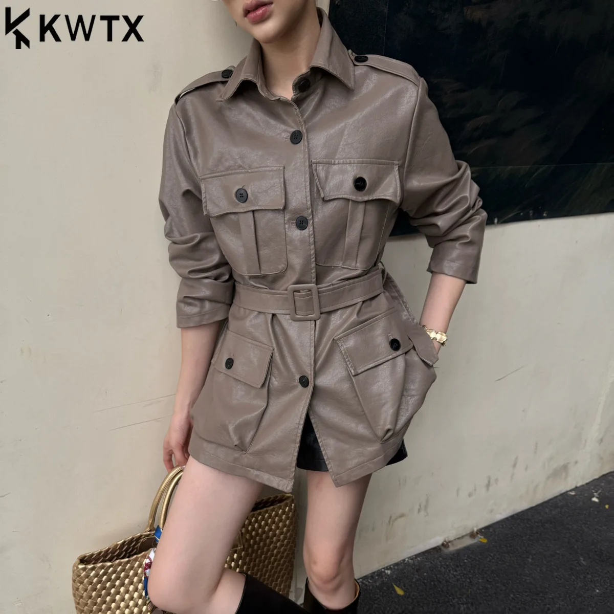 

KWTX Women Leather Trench Coat Spring Summer 2025 Casual Slim Fit Belted Stand Collar Lightweight Chic Comfortable Premium