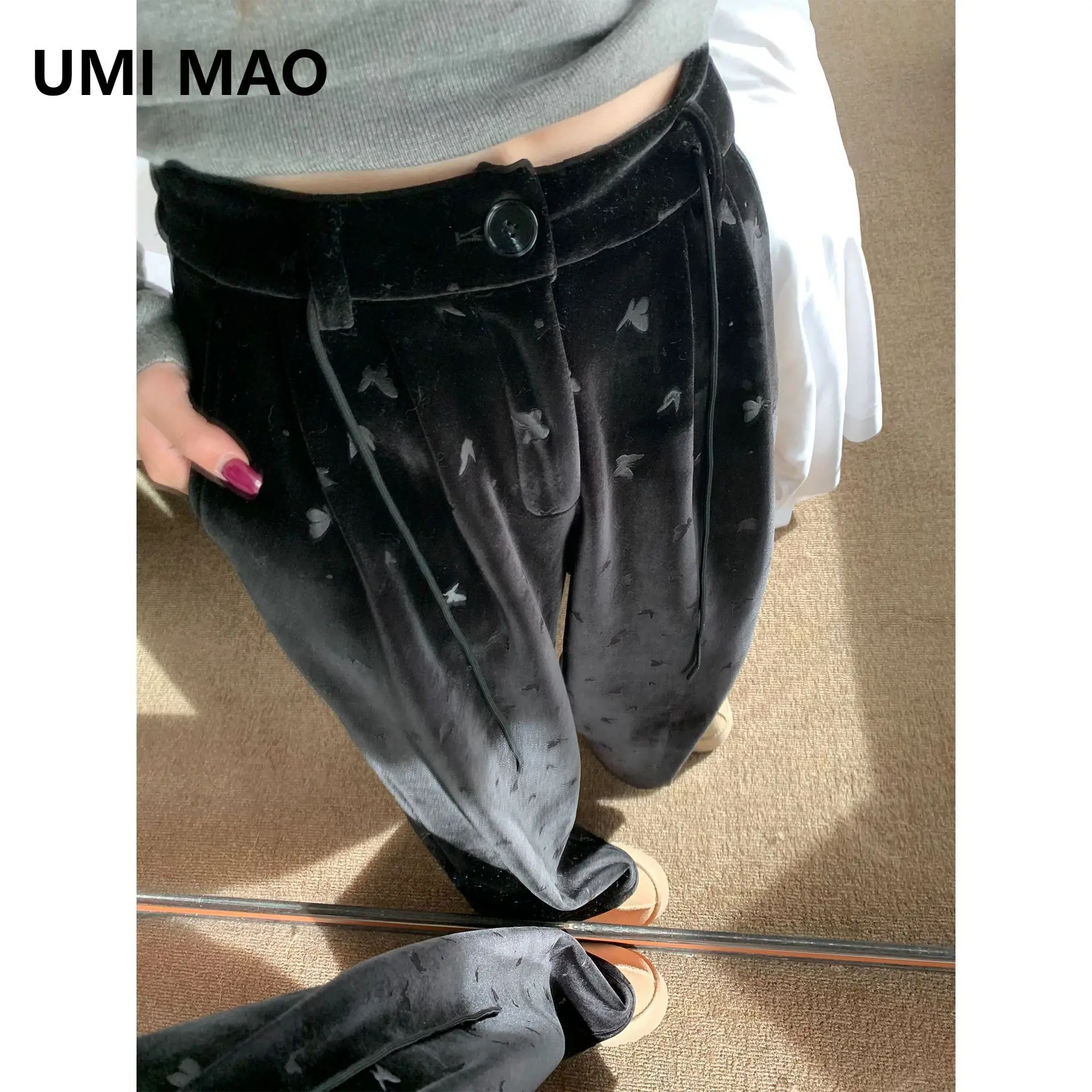 UMI MAO Thick Velvet Butterfly Black Wide Leg Pants Women Autumn Winter Slim Floor Dragging Casual High Waist Pants Femme