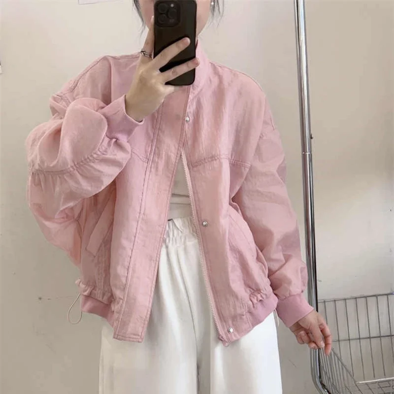 4 Colors Jackets Women Baggy Thin Sunscreen Leisure Korean Style Shirring Sweet Sporty American  Outerwear New Summer Retro