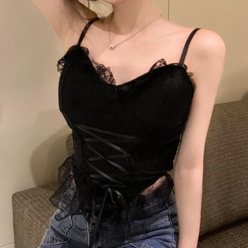 Lace Camisoles Women Sexy Aesthetic Crop Tops Hotsweet Female Retro Streetwear Fashion Party Wear Chic Lace-up Princess Inner