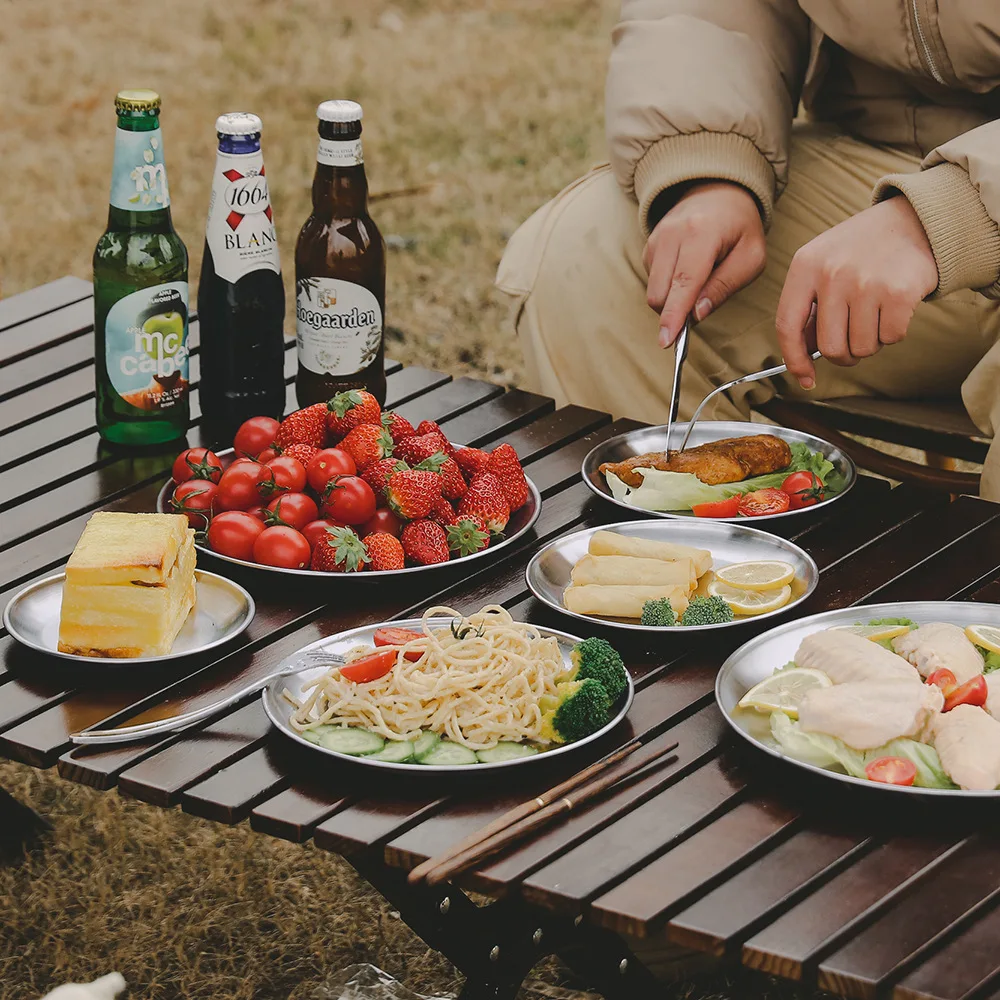 Portable Round Shallow Dining Plate, Outdoor Camping And Picnic Tableware, Stainless Steel, Barbecue, Heat Resistant, A518