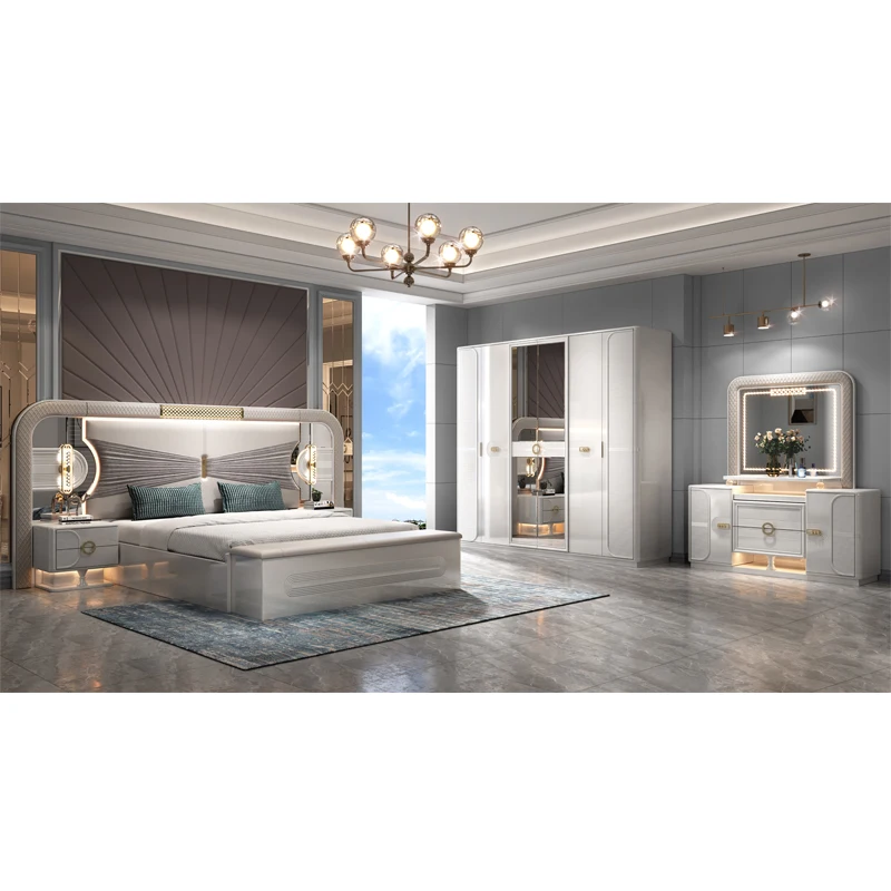 Factory Price Deluxe Bedroom Set Furniture King Bed Furniture with LED Lights Bedroom Furniture Set