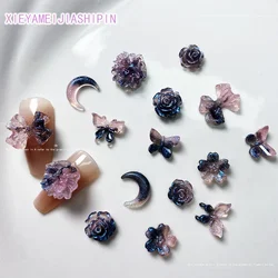 20pcs Black Mixed Resin Nail Art Charms Kawaii Flower Butterfly Bow Design Nail Rhinestones Decorations DIY Jewelry Accessories
