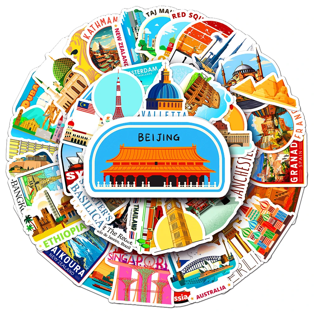 

10/30/50Pcs Cartoon Aesthetic World City Landmarks Stickers Vintage Travel Landmark Scenery Decals Graffiti DIY Suitcase Sticker