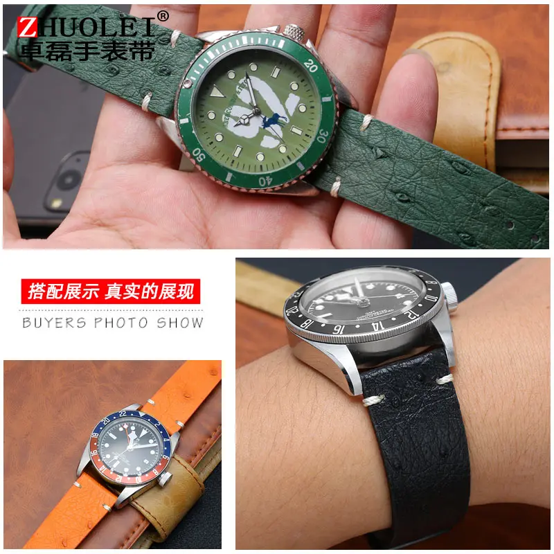 Handmade Vintage Ostrich skin thin leather watchband men For any brand strap 18mm 20mm 22mm Watch band orange green Accessories