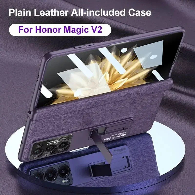 All-included Plain Leather Case For Honor Magic V2 Magnetic Hinge Case Shockproof Protective Bracket Cover For Honor Magic V2