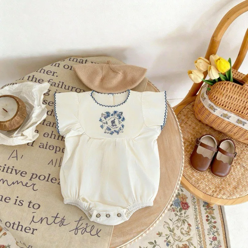 HY2308Girls Summer Infant Bubble Short Sleeve Bottom Feeding Romper Onesie for Crawling Baby Girls Clothing Full-Sleeve Bodysuit