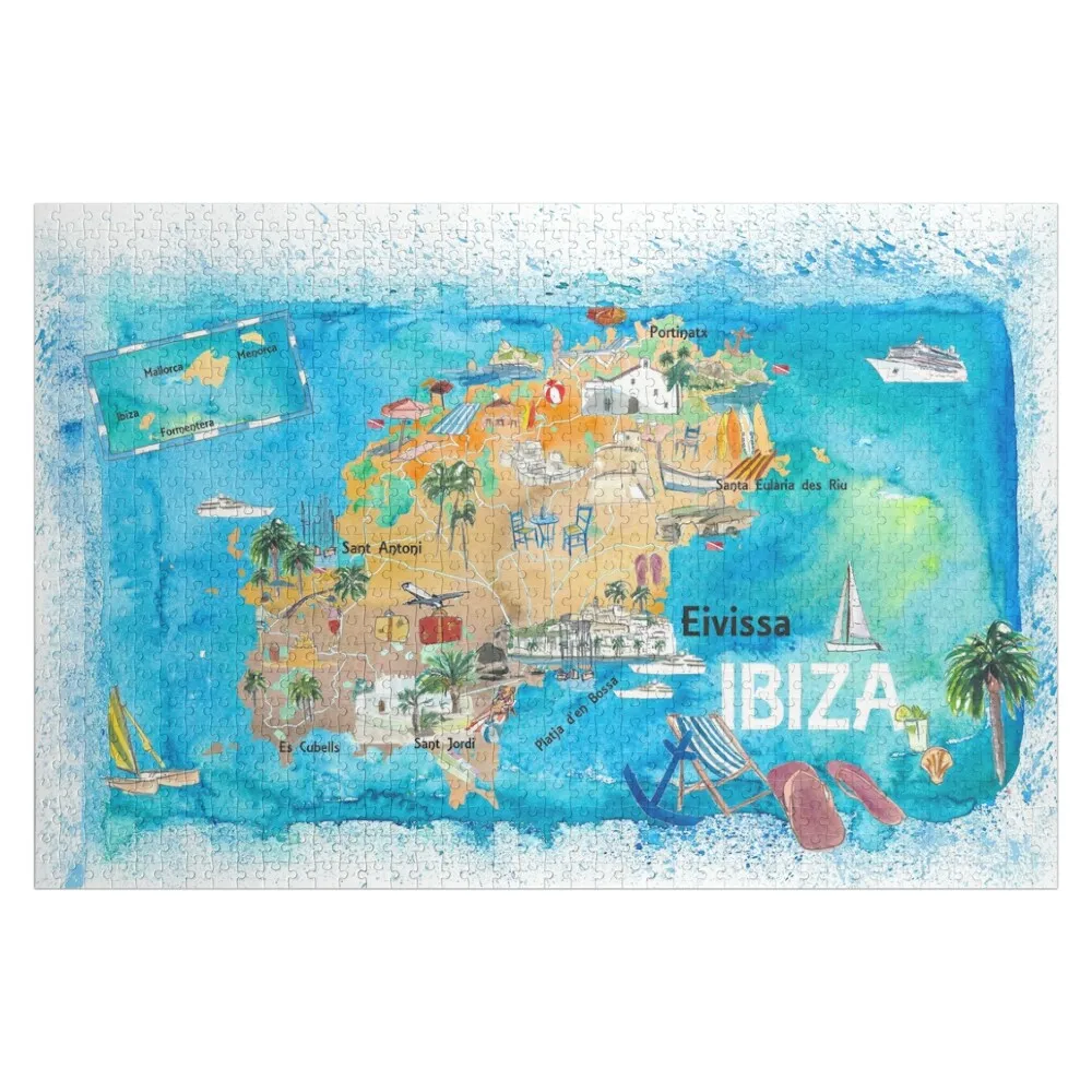 Ibiza Spain Illustrated Map with Landmarks and Highlights Jigsaw Puzzle Personalized Name Personalized Baby Toy Puzzle