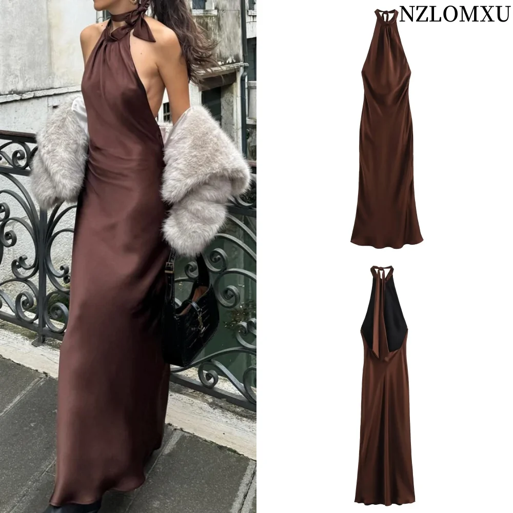 2024 Women Fashion Brown Backless Satin Dress Female Sleeveless Loose Long Dresses Chic Sexy Party Long Dress TRAF