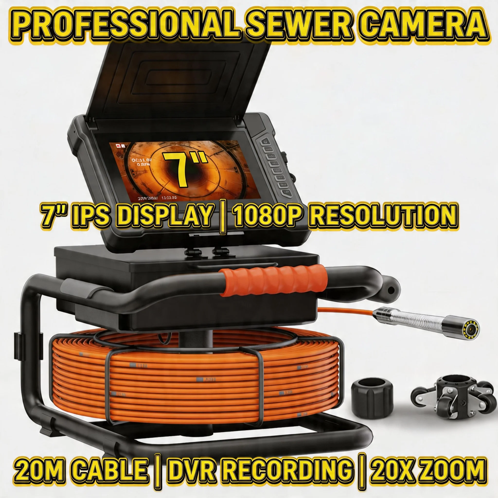 

7inch Sewer Pipe Inspection Camera Drain Sewer Pipeline Industrial Endoscope Self-Leveling DVR Video Recording 20M Cable