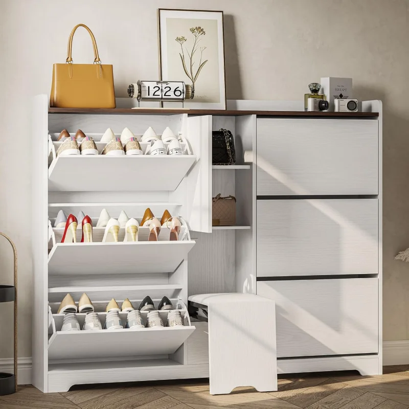 

2026 New：63 Narrow Cabinet 6 Flip Drawers & Hidden Folding Stool｜White Entryway Shoe Storage Organizer with A