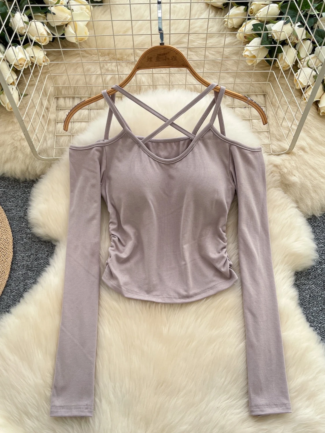 Foamlina Street Style Spaghetti sangle épaules dénudées t petit haut pour les femmes mode solide col rond à manches longues froncé mince haut court