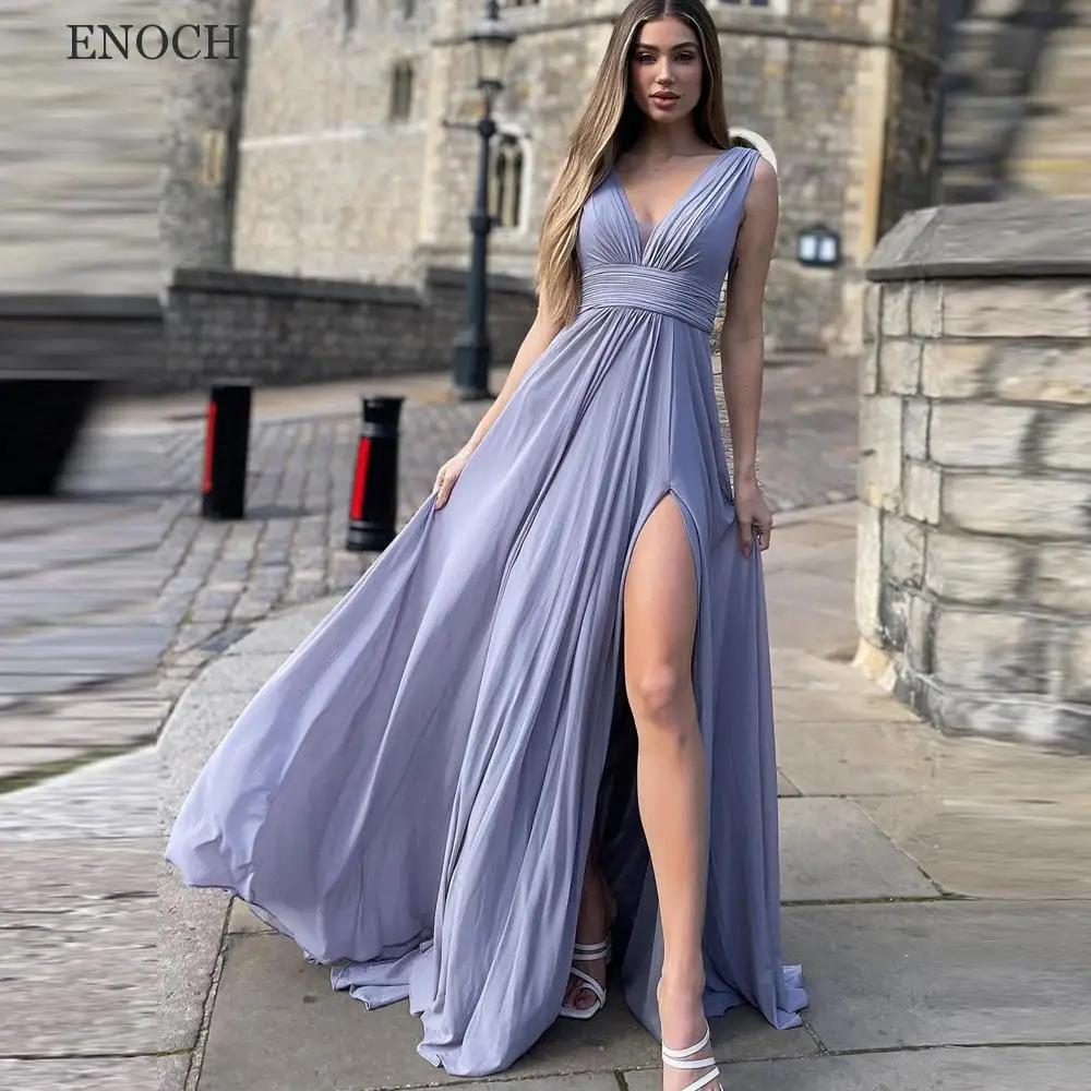 ENOCH Simple V-Neck Side Slit Bridesmaid Dresses Sleeveless Pleated Party Dresses Chiffon Beach Vestidos De Fiesta Custom Made