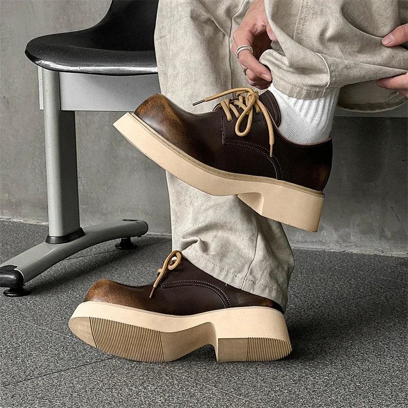 Fashion Leather Casual Shoes Thick Bottom Height Increase Shoes Luxury Brand Business Formal Shoe for Unisex Lace-up Dress Shoes