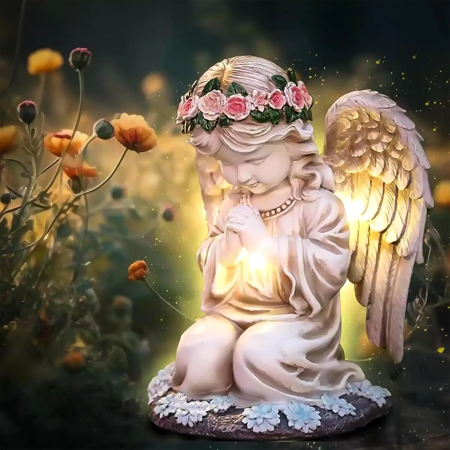 Betende Engel-Statue für den Außenbereich, Wetterfeste Schutzengel-Figur für Friedhof und Rasen mit Solar-Laterne zur Dekoration