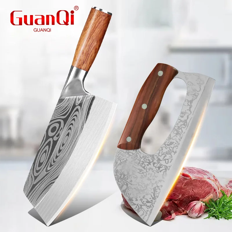 Household Kitchen Chef Knife Damascus Pattern Chopping Meat Butcher Knife Wooden Handle Sharp Cleaver for Meat Vegetables