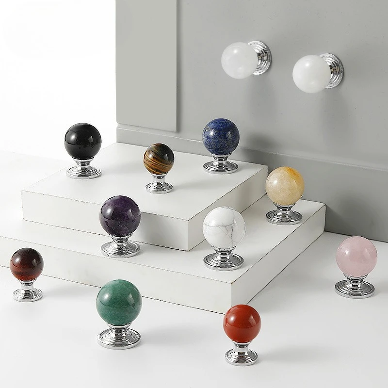 French Chic Brass & Marble Cabinet Handles - Round Crystal Door & Wardrobe Pulls, Natural Stone Drawer Knobs for Furniture