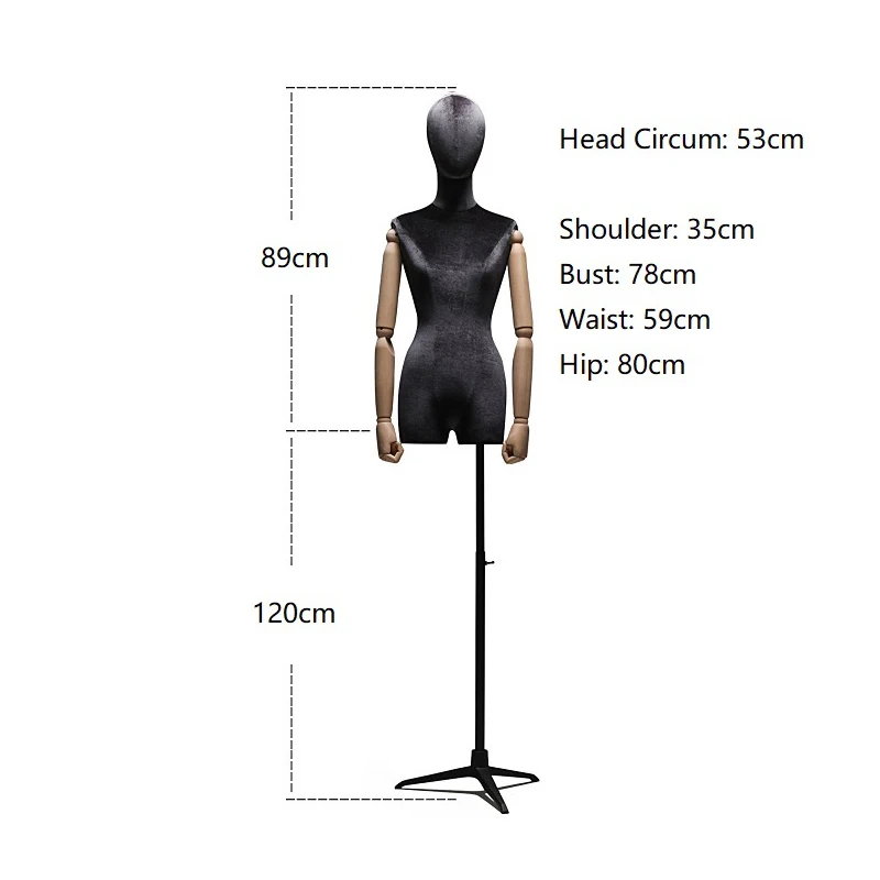 Fabric Cover Female Half Body Mannequin Torso Metal Black Base with Wooden Arm for Window Clothing Display Adjustable Rack