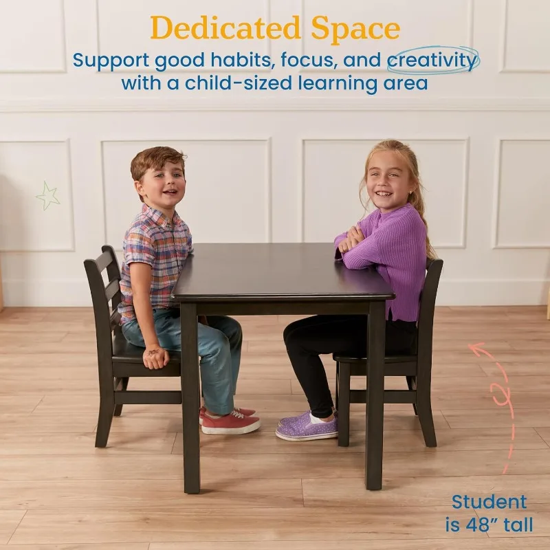 Juego de mesa y sillas rectangulares de madera dura de 24 x 36 pulgadas, altura de asiento de 12 pulgadas, muebles para niños, lavado gris