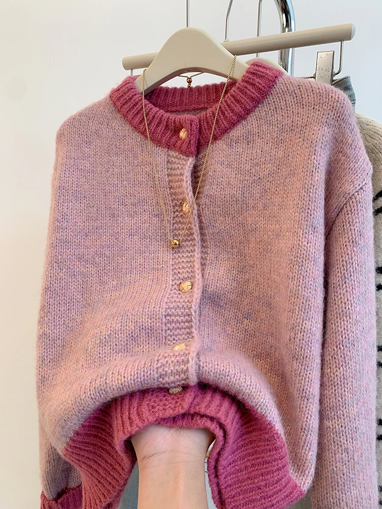 Korean Sweet Sweater Cardigan Women Fashion Elegant Long Sleeve Knitted Tops Casual O-Neck Single Breasted Short Coat