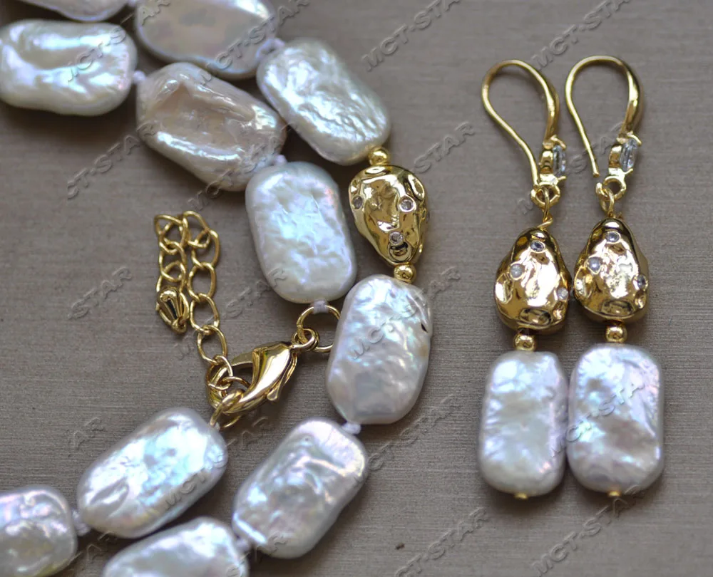 

Z12783 21" 17mm White Square Coin Pearl Baroque Bead CZ Necklace Earring