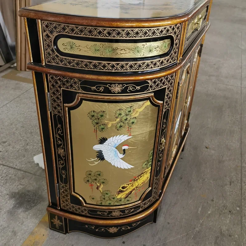 Gold Foil Painted Entrance Cabinet Chinese Classical Furniture Decorative Locker Piano Finish Pine Wood Crane Longevity