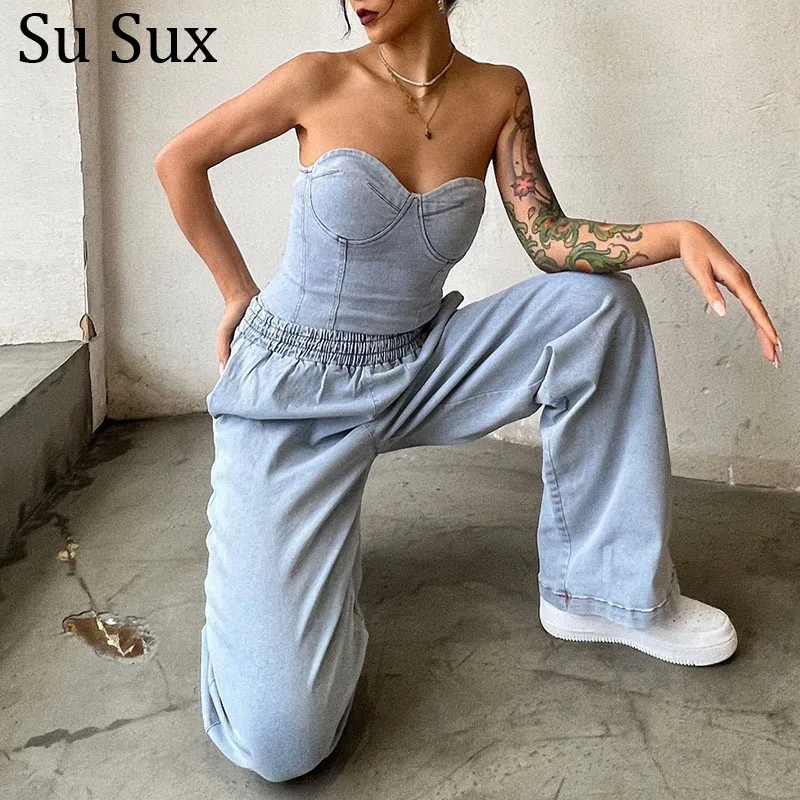 

Denim Wide Leg Pant Suits Jeans 2 Two Piece Set Casual Sleeveless Strapless Vest Top and High Waist Trousers Outfits Overalls