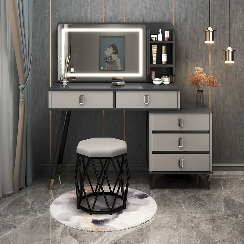 Luxury Led Light Grey Dressing Tables Mirror Organizer Girls Black Dressers Drawer Modern Makeup Vanity Table Bedroom Furniture