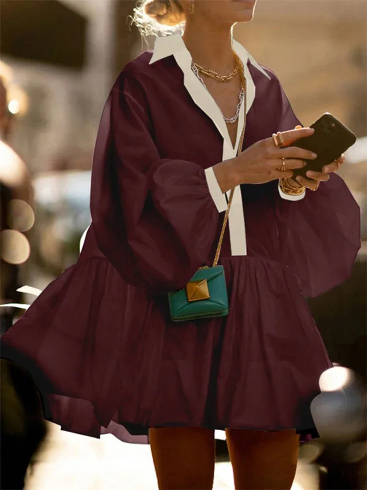 Lemongor-minivestidos para mujer, nueva moda 20225, Color contrastante, mangas de burbuja, solapa plisada, corte en A, camisas, vestido, ropa femenina