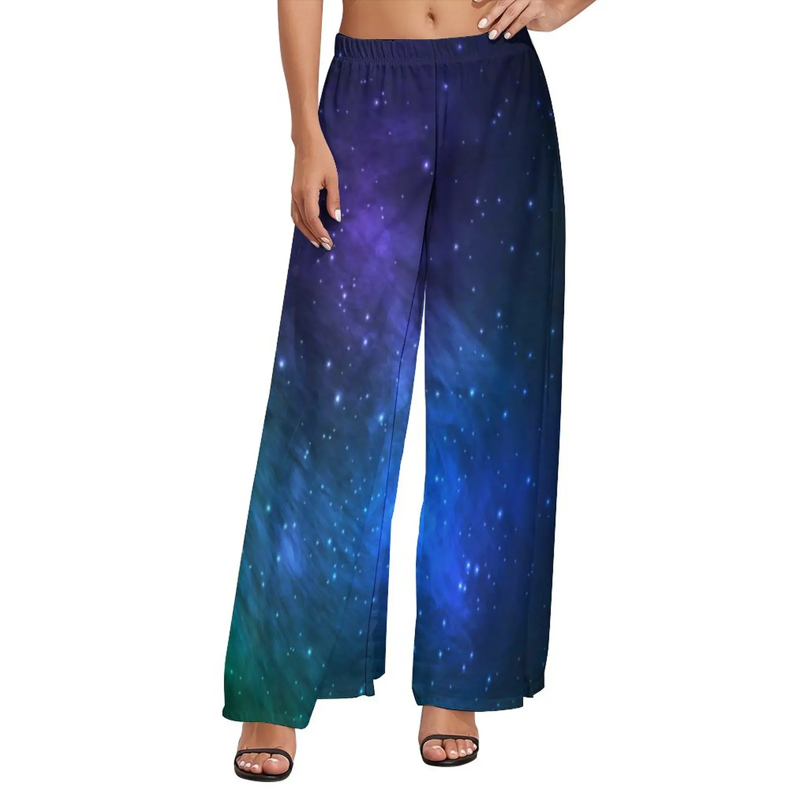 

Colorful Galaxy Pants Elastic Waist Green and Blue Cosmic Elegant Trousers Streetwear Design Wide Pants