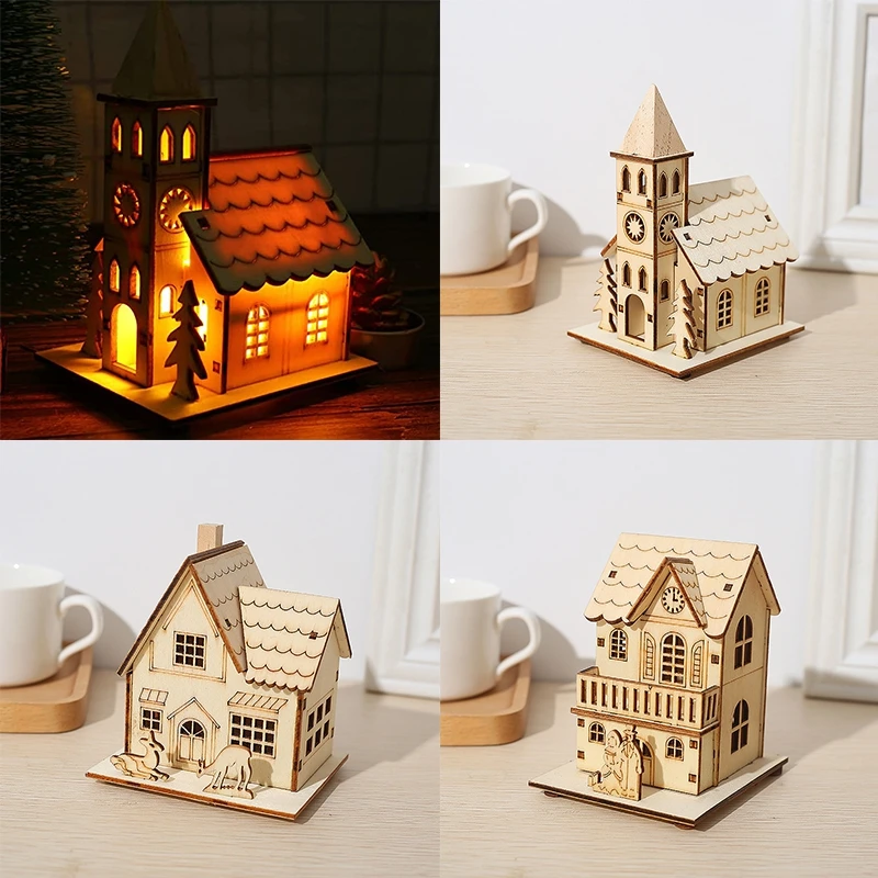 Christmas House with LED Light Wooden Cottage Ornaments for Christmas Holiday Light Up Wood House Tabletop Xmas Lighted Ornament