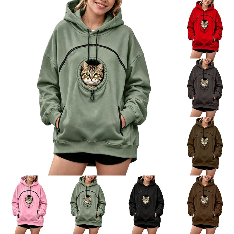 Plus Size Pet Hoodie Fleece Lined Sweatshirt Thick Warm Long Sleeve Drawstring Outfit With Kangaroo Pocket For Cat Dog Carry