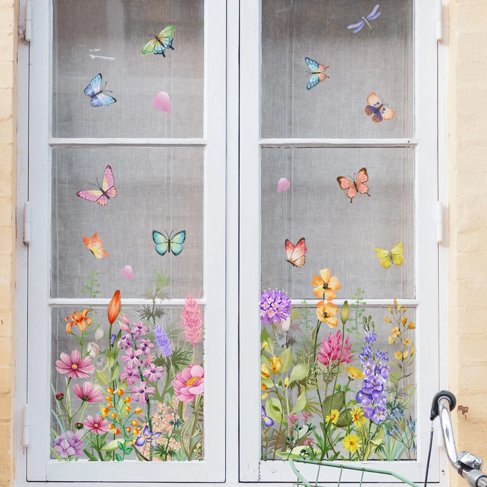 Wall Stickers Window Glass Stickers Colorful Butterfly Flower Wall Decal PVC Reusable  Colorful for Home & Office Decoration