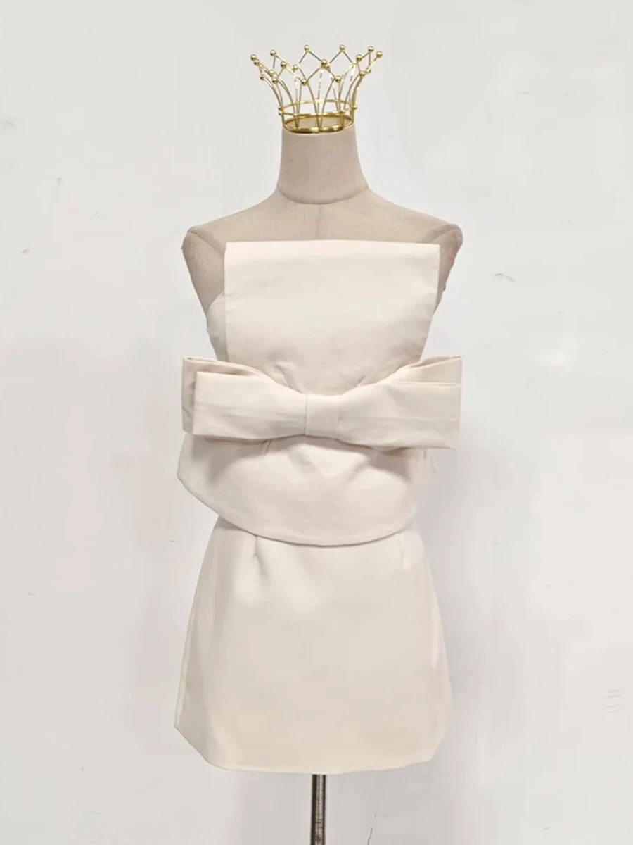 TWOTWINSTYLE, vestidos elegantes adelgazantes con lazo empalmado para mujer, sin tirantes, sin mangas, cintura alta, vestido minimalista, ropa femenina