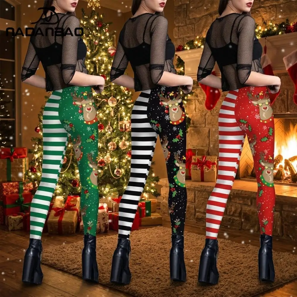 Nadanbao Xmas Elk Stripes Print Leggings Funny Mid Waist Women Pants Casual Soft Elastic Trousers Christmas Holiday Party Bottom