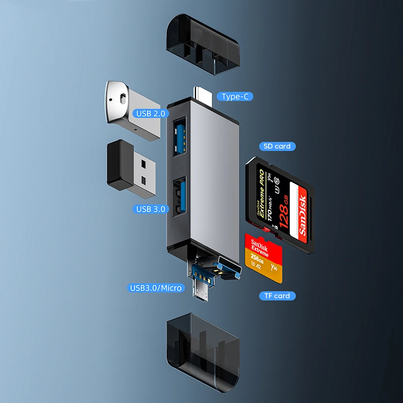 USB 3.0 C 타입 마이크로 SD 카드 리더, PC 노트북용 TF 메모리 카드 어댑터, USB 플래시 드라이브 카드 리더, 7 인 1