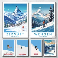 Skiing Travel Zermatt Wengen Ski Switzerland Travel Art Poster Canvas Painting Wall Prints Picture for Living Room Home Decor