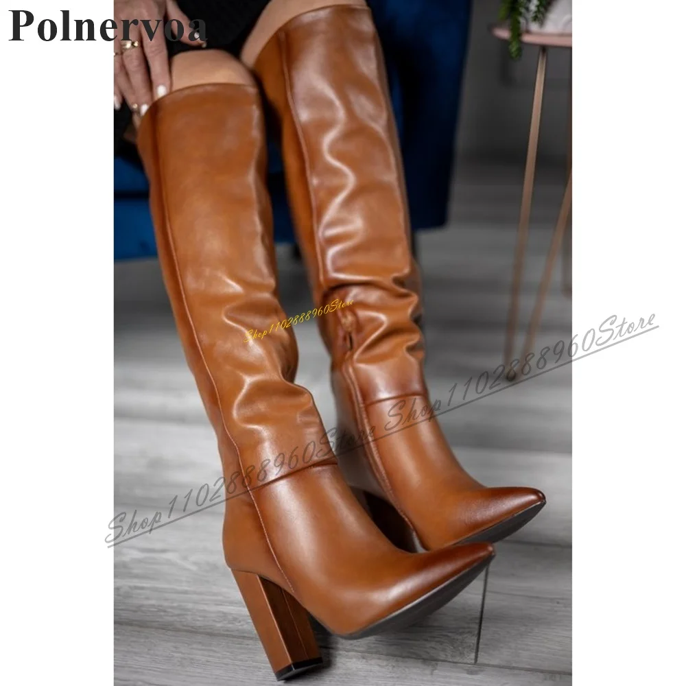 

Knee High Brown Leather Stylish Boots Chunky High Heel Shoes For Women Side Zipper Pointed Toe 2024 Fashion Zapatos Para Mujere