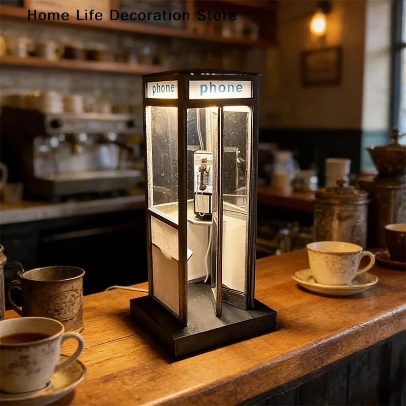 【TG】New Vintage Tall Phonebooth Lamp Classic Telephone Booth Table Lamp With Warm LED Light Phone Box Decorative Night Light