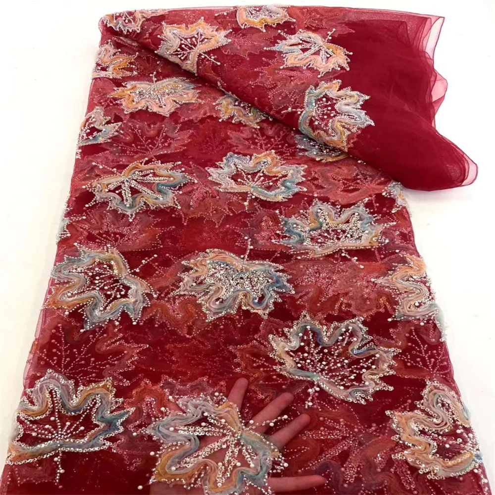 Tissu africain en dentelle de tulle rouge, paillettes 3D, perlé, robes de mariée, patients, haute qualité, nouveauté, 2024