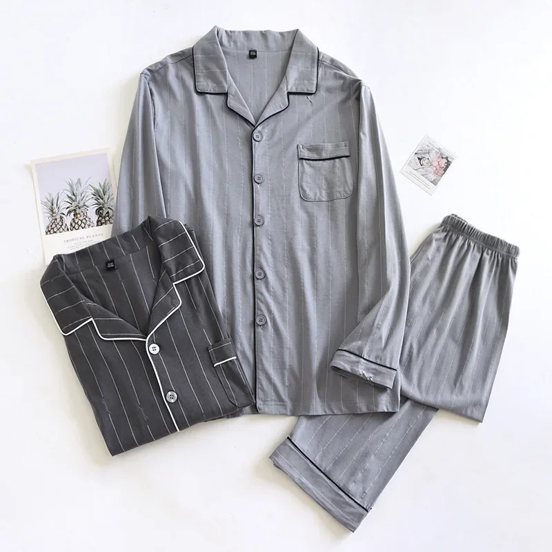 Spring and autumn new men's pajamas long-sleeved trousers suit 100% cotton knitted striped plus size home clothes two-piece set