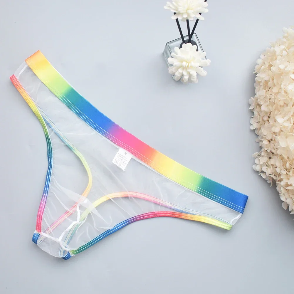 Mens Sexy See Through Mesh Low Waist Briefs Thong Underpants Panties Lingerie Underwear Tempting Rainbow Thin Men's G-string