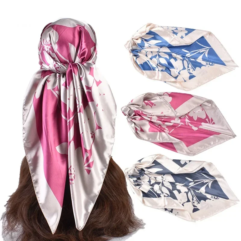 Spring Summer Floral Imitation Silk Muslim Scarf Women 90x90 Printed Square Head Scarf Multi Functional Luxury Design Head Hijab