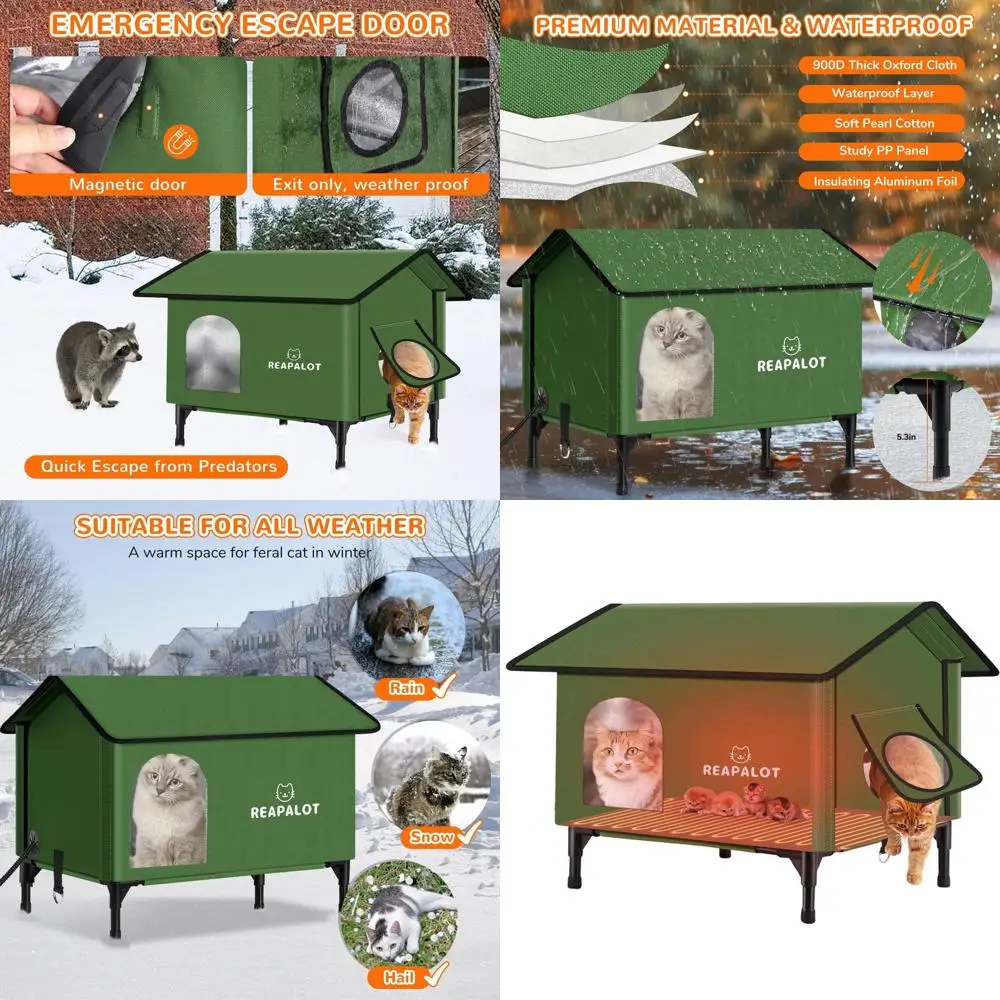 

Зимнее изолированное укрытие для кошек на открытом воздухе с грелками для нескольких кошек, зеленый (L 24,4x16,9x24,4)