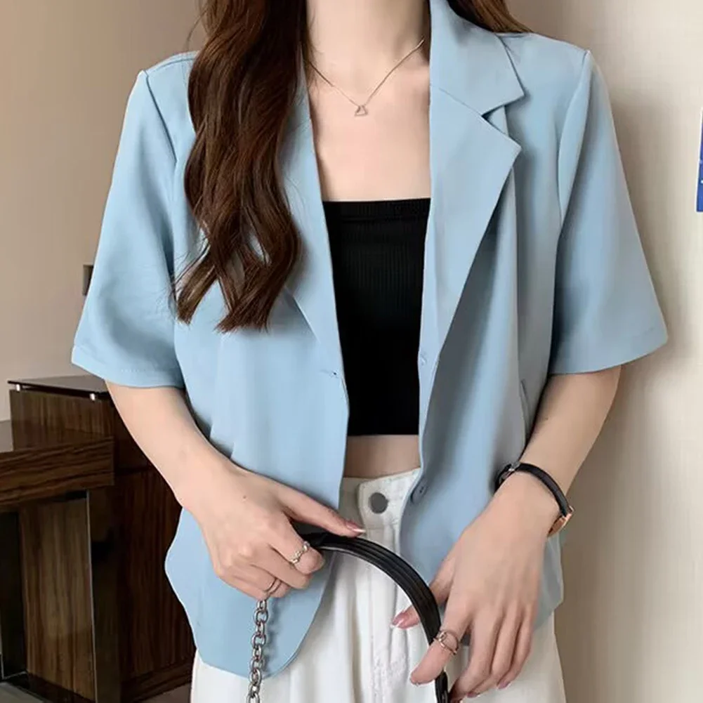 Summer Blazers Classic Women Simple Leisure Loose Korean Style Youth Single Breasted Slight Strech Comfortable Solid Color Tops