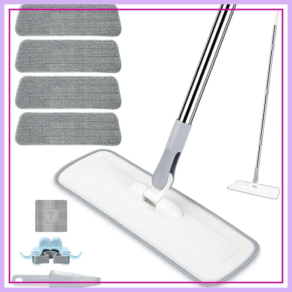 

55 Inch Extendable Microfiber Flat Mop with 4 Reusable Pads, Wet Dry Mop for Tile, Hardwood, Laminate, Marble, Glass