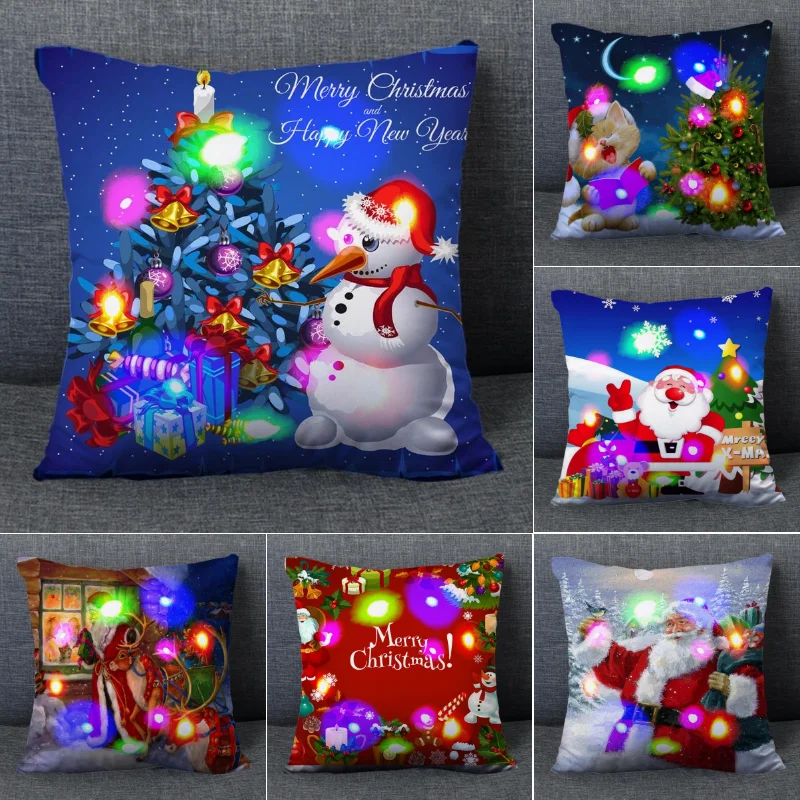 LED Fashion Merry Christmas Elements Pattern Pillow Cases Short Plush High Quality Square Pillow Case Covers